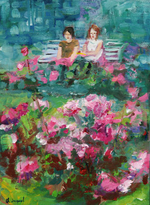 Peinture acrylique de 2 femmes à la roseraie 33cm x 24cm