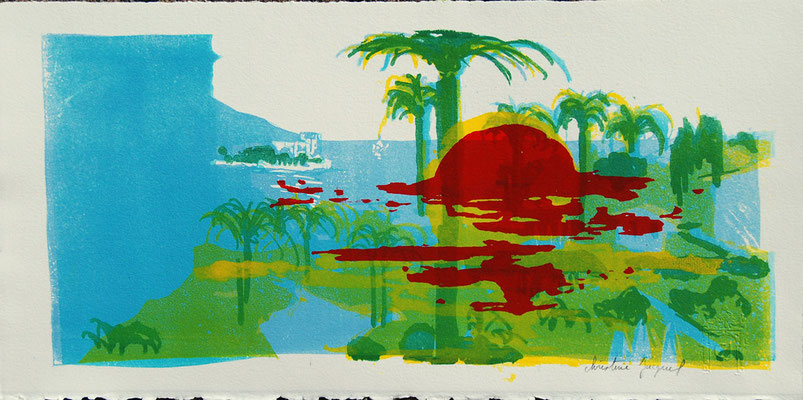 Technique mixte originale kitchenlitho et sérigraphie d'un paysage de bord de mer, soleil couchant