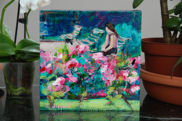 Petite huile à poser sur un meuble peinte sur un morceau de chêne massif