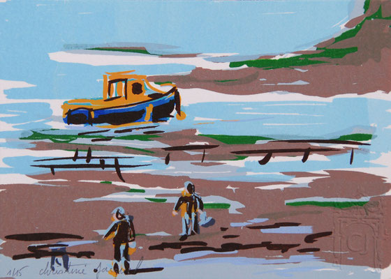 Sérigraphie originale d'un bord de mer à marée basse avec des pècheurs et un bateau, 15 exemplaires numérotés, 11cm x 16 cm