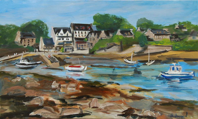 Peinture à l'huile d'un port breton 33cm x 55cm