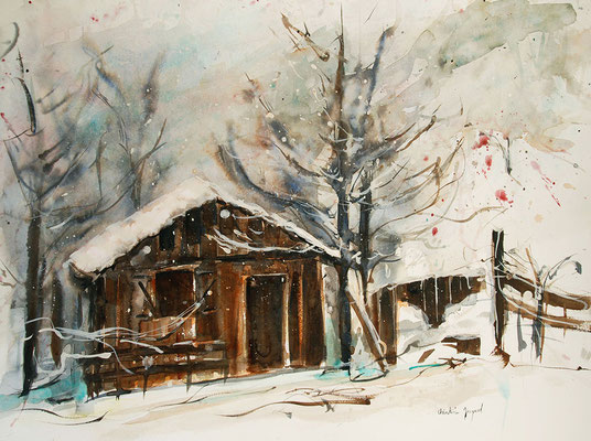Chalet sous la neige à l'aquarelle