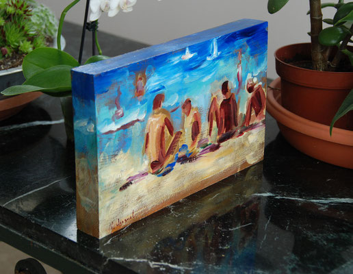 Petite huile à poser sur un meuble peinte sur un morceau de chêne massif