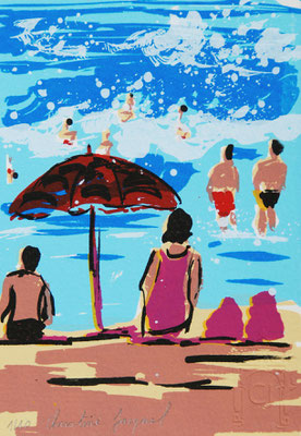 Art original, sérigraphie originale d'une plage avec des baigneurs, sable et mer bleue, 10 exemplaires numérotés,  10cm x 15cm 