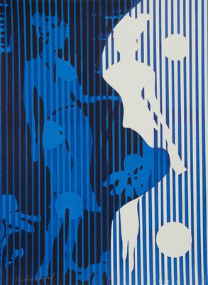 Sérigraphie originale bleu silhouette et profil de femme 28 cm x38 cm