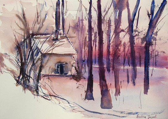 Aquarelle originale d'une maison dans un sous bois