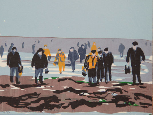 Pêcheurs de crevettes en France par temps gris, marée basse, sérigraphie originale en 15 exemplaires, 11cm x 15 cm