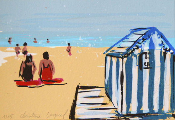 Paysage de bord de mer,plage française,cabine de plage, sérigraphie originale d'un bord de mer turquoise, 15 exemplaires numérotés, 10cm x 15cm