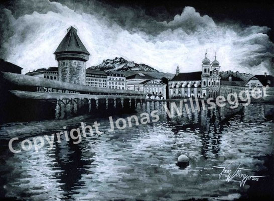 Kapellbrücke Luzern, weisse Tusche auf schwarzem Karton