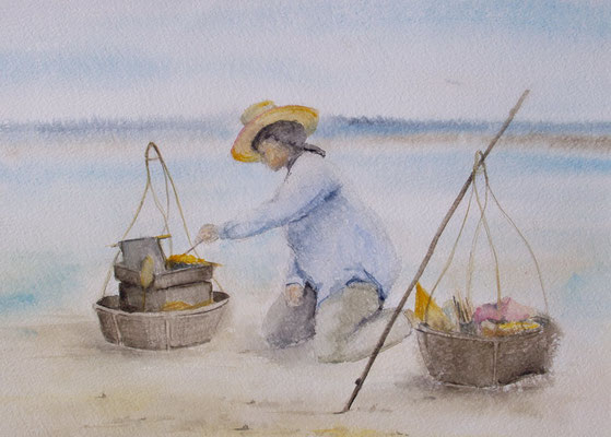 "Thailand, Kochen am Strand" Aquarell