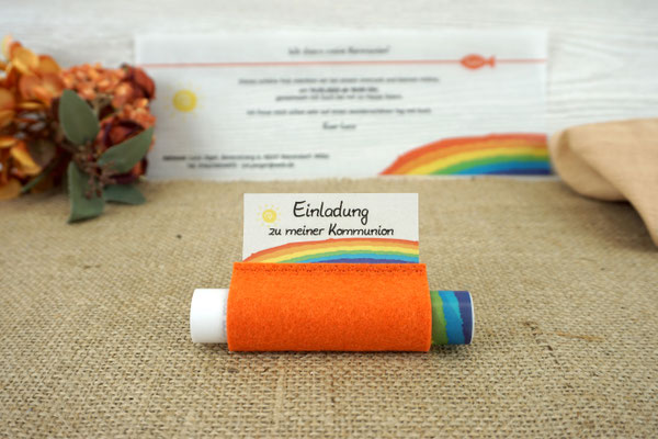 Einladungskarte Design Regenbogen - Filz Orange - ohne Schleife