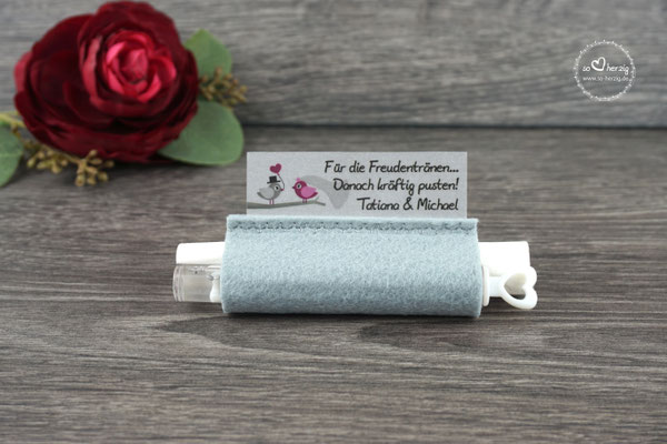 Freudentränen Taschentücher Filz Grau mit Bubbles, Design Hochzeitsvögel Grau/Beere