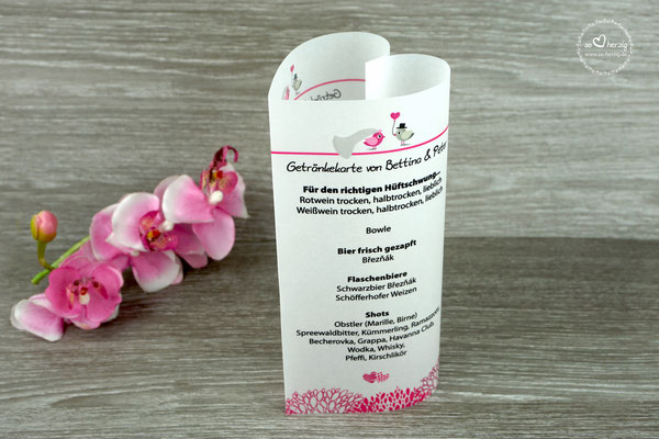 Getränkekarte Herzform 17cm Design Hochzeitsvögel Pink/Beigegrau