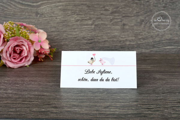 Platzkarte personalisiert, Design Hochzeitsvögel graubraun/puderrosa