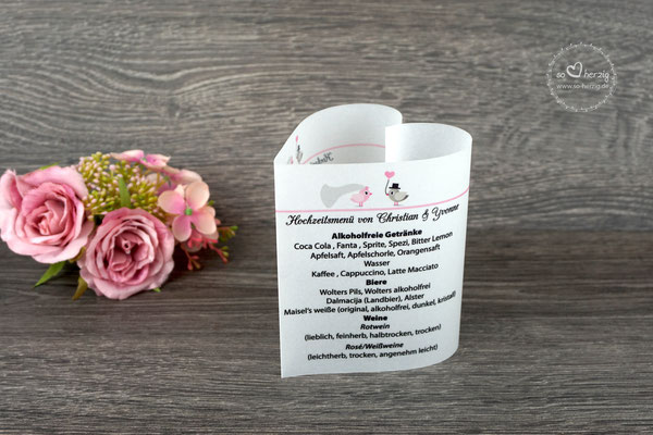 Menükarte Herzform 10,5cm, Design Hochzeitsvögel graubraun/puderrosa