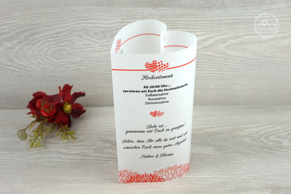 Menükarten 17cm Design "zwei Herzen" Rot
