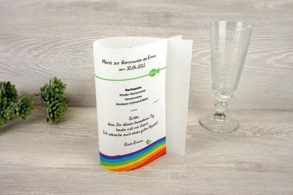 Menükarte Fischform 17cm hoch - Design Regenbogen