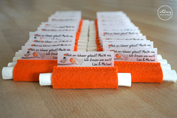 Freudentränen Taschentücher aus Filz Orange,  Design "Hochzeitsvögel"