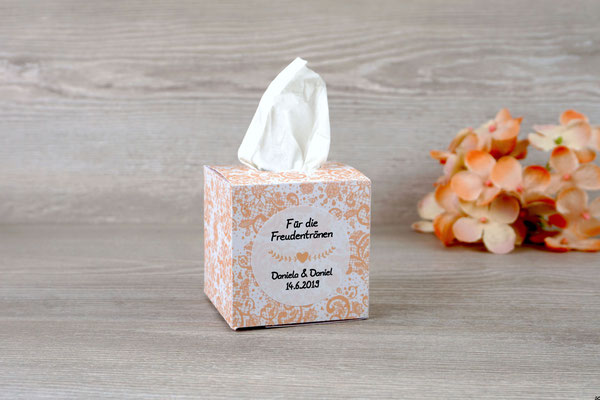 Freudentränen Taschentücher Box Design Spitze, apricot, Aufkleber "Herz"