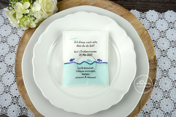 Teelicht-Botschaft "Verpackung als Platzkarte", Design Fische Sonderwunsch - Rand unten türkis + Möve