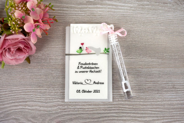 Freudentränen Taschentücher aus Pergamentpapier mit Bubbles - Design "Hochzeitsvögel" Rosa/Grün mit Herzrand