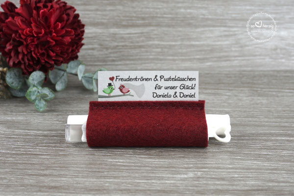 Freudentränen Taschentücher mit Weddingbubbles, Filz Bordeaux Design "Hochzeitsvögel Bordeaux/Grün"