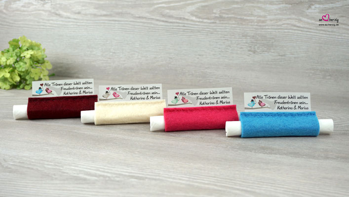 Freudentränen Filz bordeaux, beige, pink blau - Design Hochzeitsvögel auf Ast