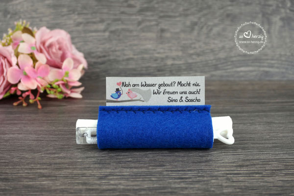 Freudentränen Taschentücher mit Bubbles, Design "Hochzeitsvögel", Filz royalblau