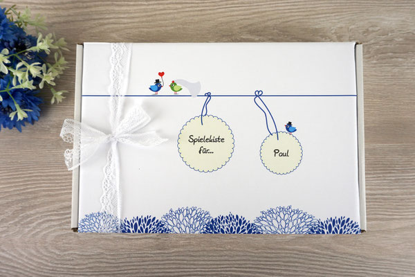 Spielkiste zur Hochzeit - Design Hochzeitsvögel Royalblau/Grün