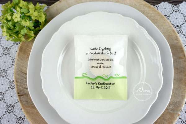 Teelicht-Botschaft "Verpackung als Platzkarte", Design Fisch Silhouette Apfelgrün - Sonderwunsch Rand unten grün