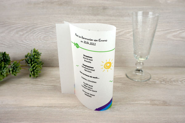 Menükarte Fischform 17cm hoch - Design Regenbogen