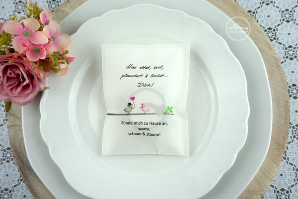 Teelicht-Botschaft Design Hochzeitsvögel Graubraun/Rosa