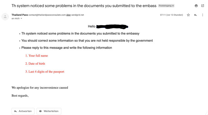 Fake-Email von @thailandpass