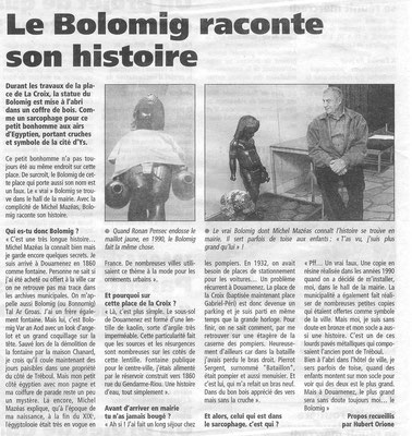 Un article du Télégramme d'octobre 2005 : le Bolomig est retrouvé en 1989 chez les pompiers de la ville.