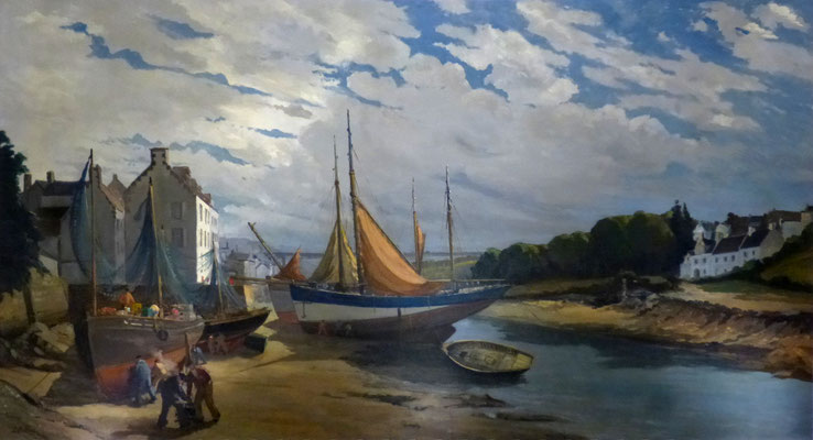"Le port de commerce et le grand pont" : le Port Rhu peint par Gaston Pottier - 1938 - oeuvre de 2,13 m x 3,78 m, visible dans la Salle des Fêtes, au 1er étage des Halles de Douarnenez