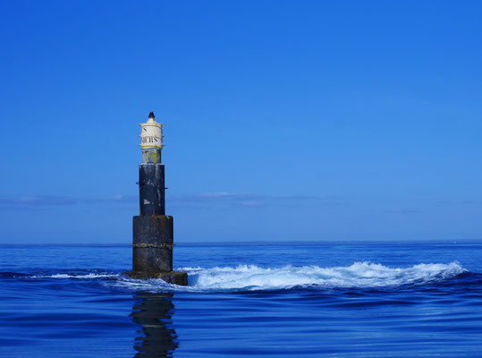 Dans le courant de grande marée, la tourelle des Bluiniers qui balise l'entrée par l'ouest dans l'archipel des Glénan. Il fait beau, comme d'hab' en Bretagne...