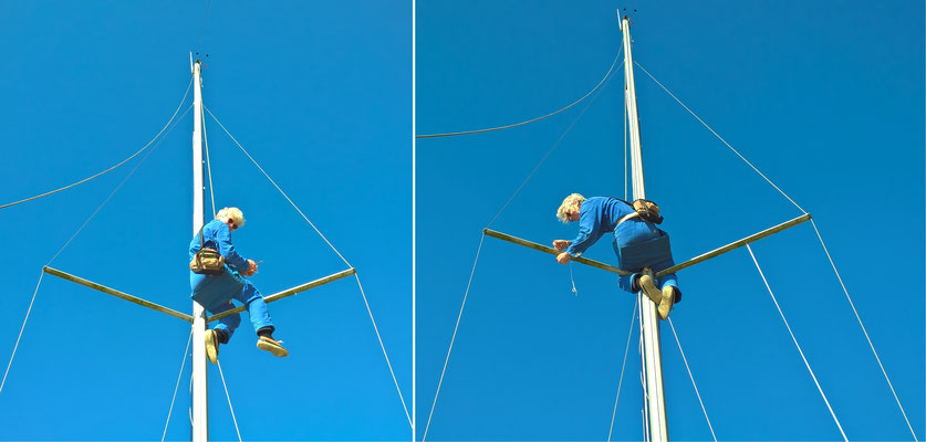 15 février 2019, Dom fait la voltigeuse dans le mât : elle a percé les barres de flèche pour poser des boulons à oeillets et installer des drisses pour les pavillons à bâbord et tribord. Beau boulot !