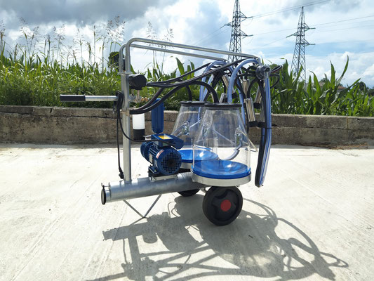Mungitrice a carrello zincato, pompa per vuoto mod. PT2 da 250 litri a olio a 50 kpa, motore elettrico 220V HP1. 2 secchi 25 litri in macrol numerato, 2 gruppi mung. 150cc 2 pulsatori 60/40, completa.