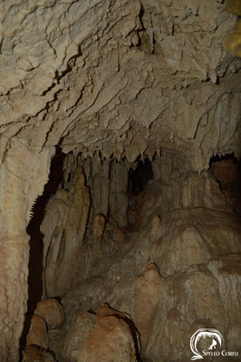 The big left lower part of the cave is richly decorated with stalactites, stalagmites and columns. 