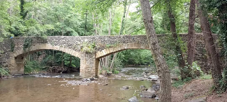 un pont de pierre surplombant une rivière pour des baignades dog-friendly