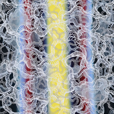 The interval of the thought　2015　Acrylic paint, pigment pen on 3Dcanvas　41×41cm　個人蔵(Private Collection)