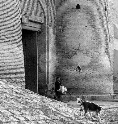 Khiva, Uzbekistan, old man and dog at Tosh gate