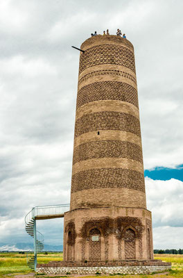 Burana tower, a large minaret in the Chuy Valley in northern Kyrgyzstan. It is located about 80 km east of the country's capital Bishkek, near the town of Tokmok