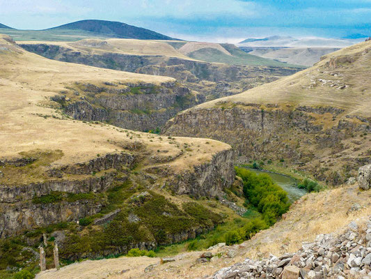 Remains of an ancient Silk Road bridge over the Akhurian river. Armenia is on the right, Turkey on the left