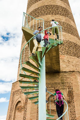 Burana tower - an external staircase and steep, winding stairway inside the tower enables visitors to climb to the top