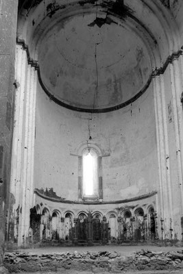 Inside the Cathedral of Ani. Construction of the structure began in 989, completed in either 1001 or 1010. Designed as a domed cruciform church, both the dome and the drum supporting it collapsed in an earthquake in 1319