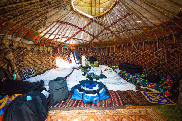 the cozy interior of our yurt 