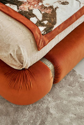 Toulou bed by Luca Tornaghi for Roberto Cavalli Home, defined by fluid upholstery and soft sculptural tension.