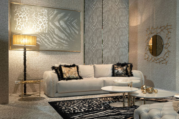 Kruger sofa by Luca Tornaghi for Roberto Cavalli Home, front view of nubuck sofa with continuous backrest, soft seat and metal piping detail