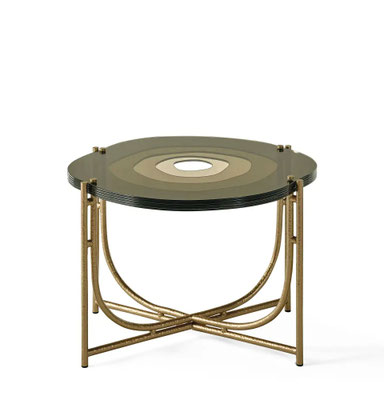 Tahoe side table by Luca Tornaghi for Roberto Cavalli Home, A layered glass side table with fluid lines that create depth, featuring a slender frame with a gold finish